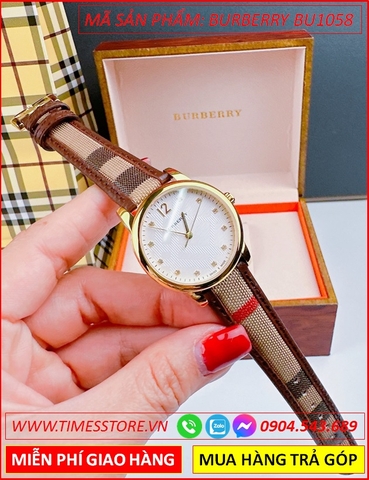 Đồng Hồ Nữ Burberry The Classic Mặt Tròn Trắng Dây Da Caro Nâu (32mm)