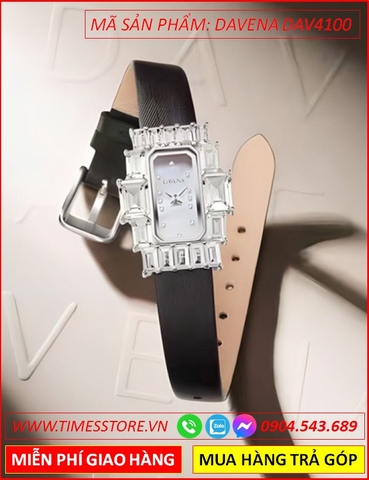 Đồng Hồ Nữ Davena Mặt Chữ Nhật Đính Pha Lê Swarovski Dây Lụa Đen (26mm)