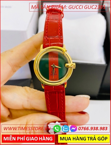 Đồng Hồ Nữ Gucci Mặt Tròn Xanh Đỏ Vàng Gold Dây Da Đỏ (26mm)