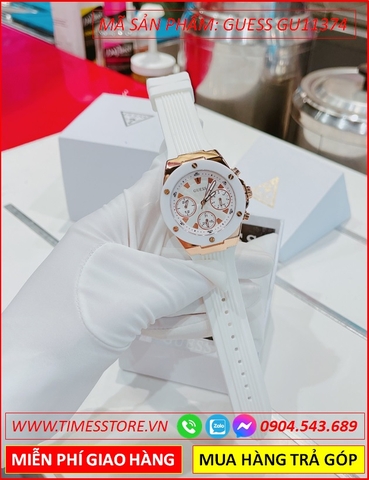 Đồng Hồ Nữ Guess Athena Mặt Tròn Dây Cao Su Trắng (38mm)