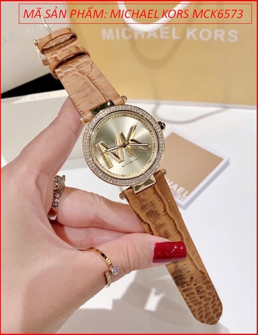 Đồng hồ Nữ Michael Kors Parker Mặt Vàng Gold Đính Đá Dây Cá Sấu Nâu (39mm)