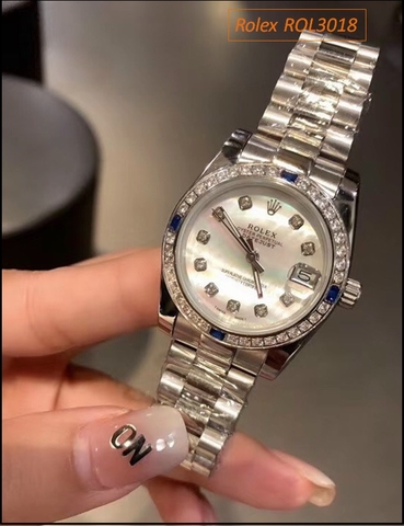 Đồng hồ Nữ Rolex siêu cấp mặt Trắng 4 hạt Ruby màu Xanh (32mm)