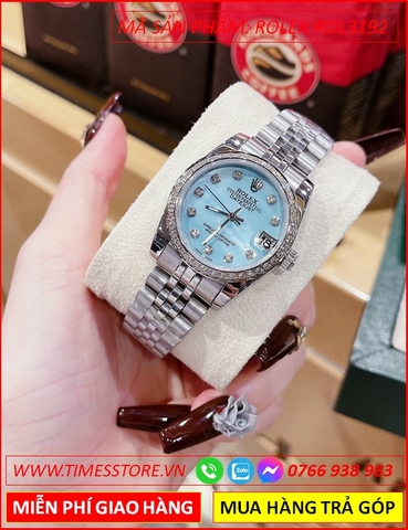 dong-ho-nu-rolex-mat-xanh-dinh-da-day-kim-loai-timesstore-vn