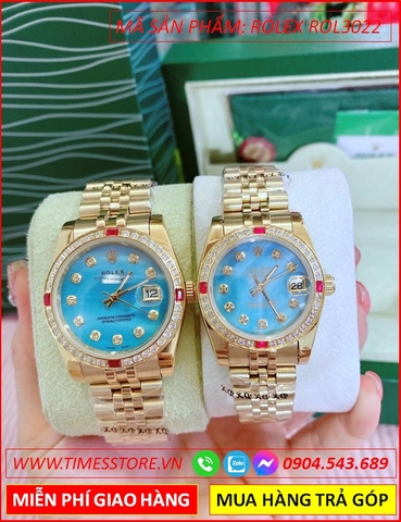 Đồng hồ Cặp đôi Rolex siêu cấp Swarovski mặt Xanh Vàng Full Gold (32-38mm)