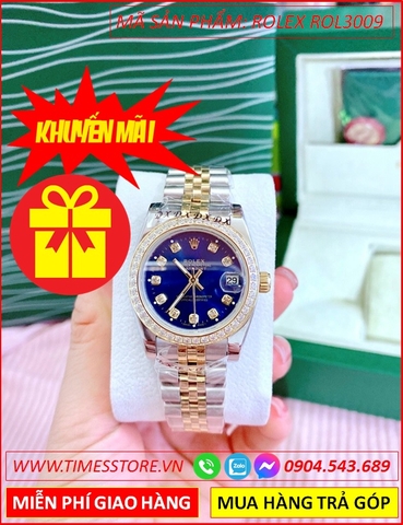 Đồng hồ Nữ Rolex siêu cấp Replica mặt Xanh Swarovski Vàng Gold (32mm)