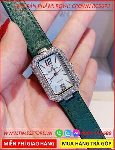 Đồng hồ Nữ Royal Crown Jewelry Mặt Chữ Nhật Đá Dây Da Xanh (28mm)