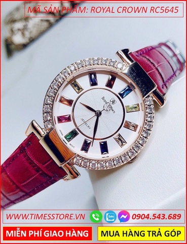 Đồng hồ Nữ Royal Crown Jewelry Full Đá Swarovski Dây Da Đỏ (36mm)