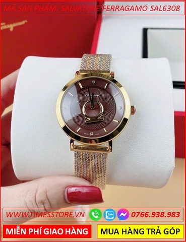 Đồng Hồ Nữ Salvatore Ferragamo Minuetto Mặt Nâu Dây Lưới Demi Vàng Gold (35mm)