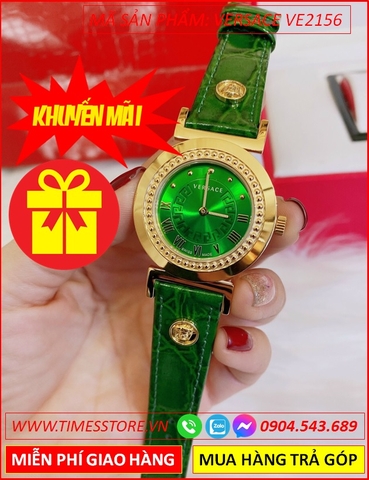 Đồng hồ Nữ Versace Mặt Tròn Vàng Gold Dây Da Xanh Lá Cây (35mm)