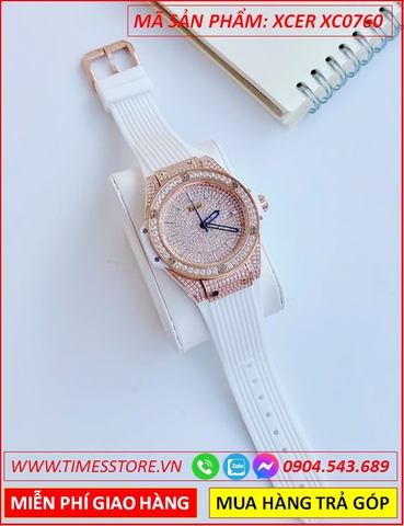 Đồng Hồ Nữ Xcer Tựa Hublot Mặt Full Đá Rose Gold Dây Silicone Trắng (34mm)