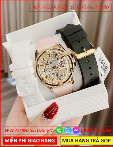 Set Đồng Hồ Nữ Guess Mặt Tròn Full Đá Vàng Gold Dây Silicone Hồng (39mm)