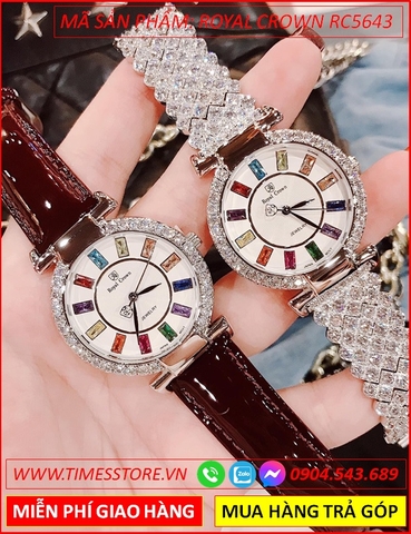 Set Đồng hồ Nữ Royal Crown Jewelry Full Đá Swarovski + Dây Da (36mm)