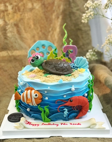 Bánh sinh nhật rùa, tôm, cá biển