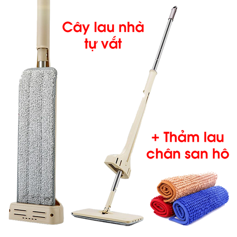 COMBO Cây lau nhà tự vắt chổi lau chùi + Thảm lau chân san hô0396114592