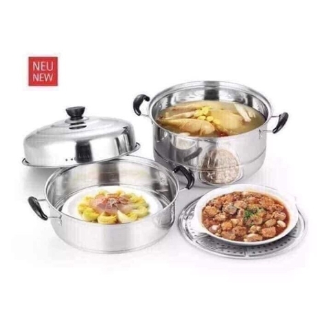 Nồi Hấp 3 Tầng Inox Sai 28Cm Có 2 Vỉ Hấp
