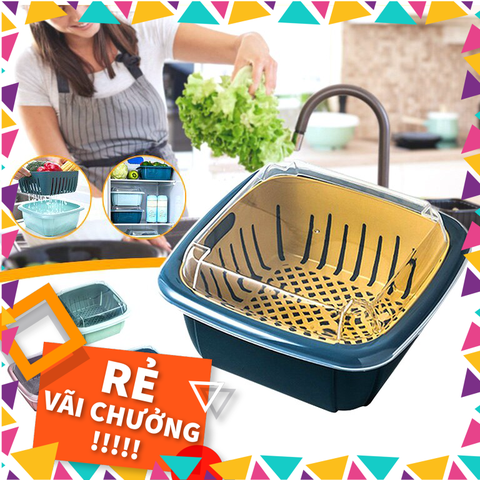 Hộp đựng thực phẩm có rổ nhựa và nắp đậy đa năng khay chậu vuông 2 lớp 3 trong 1 để đồ rau củ trái cây [Hàng sẳn có]