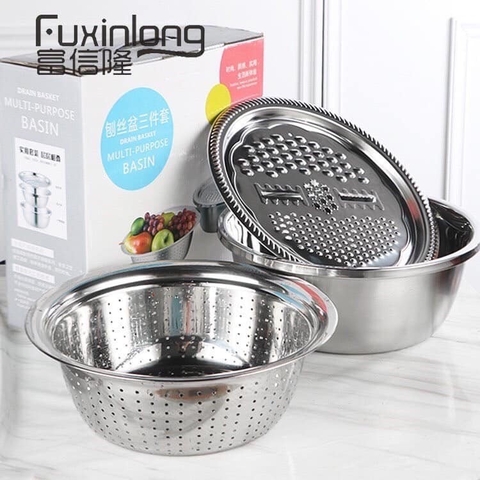Bộ bào nạo rau củ kiêm rổ và chậu Inox Cao cấp đa năng 3 trong 1 tiện lợi aladanh-net-vn
