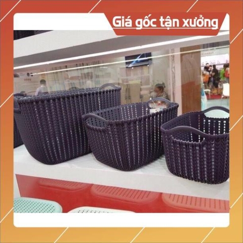{ HÀNG CAO CẤP } Rổ nhựa giả đan mây có quai cầm đủ kích cơ phong cách Hàn quốc