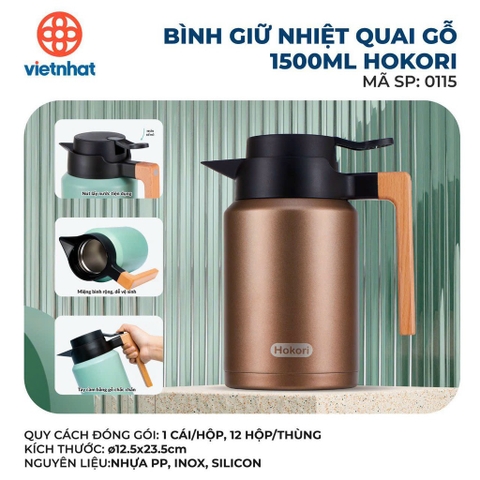 BÌNH GIỮ NHIỆT QUAI GỖ 1500ML HOKORI 0115