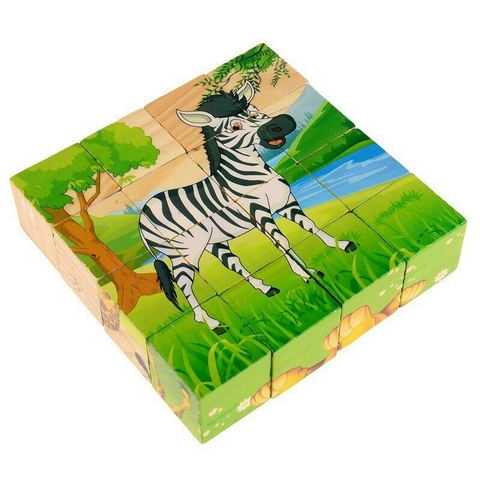 Tranh Ghép Gỗ 6 Mặt Xếp Hình 3D 16 Khối Cho Bé từ 16 khối hình tạo thành 6 bước tranh khác nhau