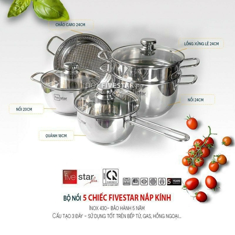 Bộ Nồi Inox 5 Chiếc Fivestar Nắp Kính50