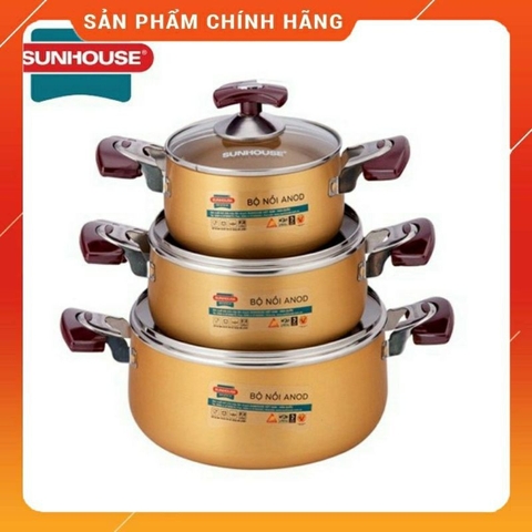 Bộ Nồi - Bộ 3 Nồi Anod Sunhouse Sh6634 Size 16- 18-24Cm Mới Nhất