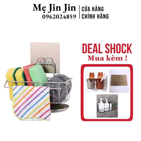 Kệ/giỏ đựng miếng rửa chén bát inox dán tường Siêu Chắc, có khay hứng nước.