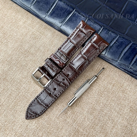 Dây đồng hồ da cá sấu vân bụng nâu đất DDH-606N