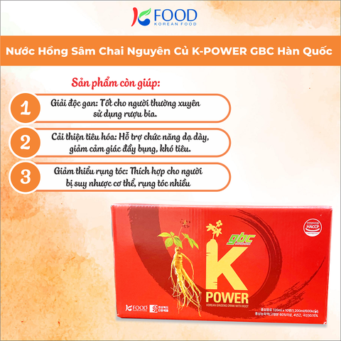Nước Hồng Sâm Chai Nguyên Củ K-POWER GBC Hàn Quốc (10 chai * 120ml)