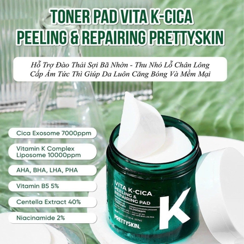 Toner Pad Làm Dịu, Giảm Mụn, Căng Bóng Da PrettySkin Vita K Cica Peeling & Repairing Pad (80 miếng)