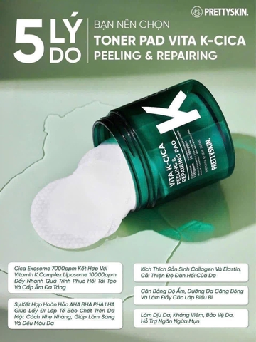 Toner Pad Làm Dịu, Giảm Mụn, Căng Bóng Da PrettySkin Vita K Cica Peeling & Repairing Pad (80 miếng)