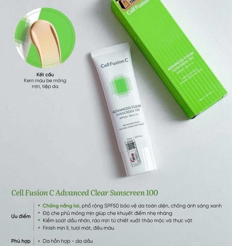 Kem Chống Nắng Cho Da Dầu Mụn Cell Fusion C Clear Sunscreen 100 SPF 50+/PA++++ (50ml)