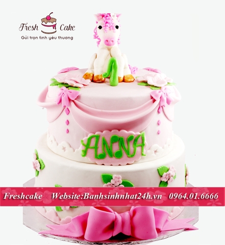 Bánh sinh nhật fondant 2 tầng ngựa 1 sừng quý tộc tặng bé gái [MS:0907]