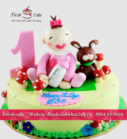 Bánh fondant bé gái cầm bình sữa sinh nhât 1 tuổi đầy yêu thương [MS:1355]