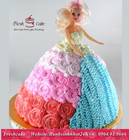 Bánh sinh nhật 3D búp bê Barbie váy ren xanh đuôi hoa hồng sắc màu nhiều tầng [MS:0968]