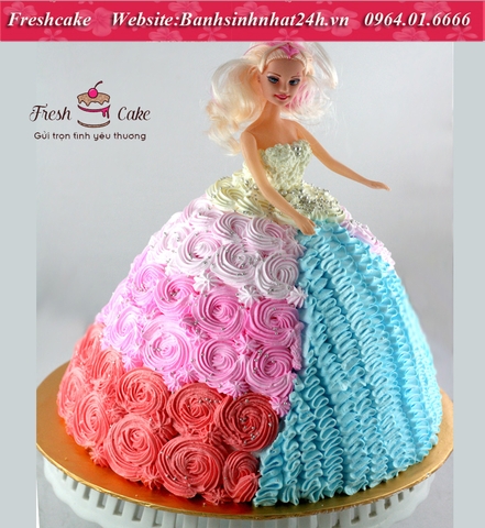 Bánh búp bê Barbie váy ren xanh đuôi hoa hồng sắc mầu nhiều tầng [MS:0544]