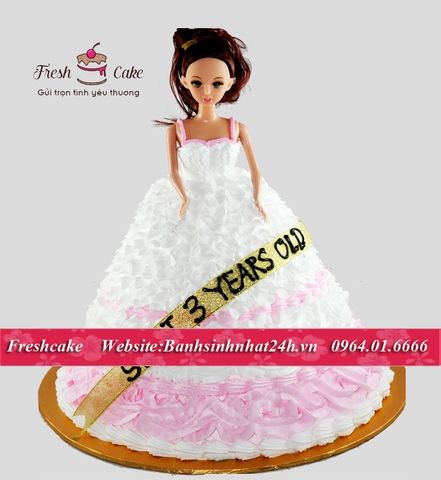 Bánh sinh nhật 3D búp bê công chúa mặc váy trắng tinh khôi [MS:0971]