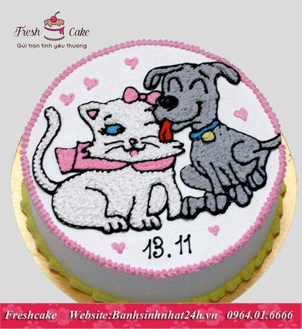 Bánh sinh nhật cặp vợ chồng chó và mèo đang âu yếm hạnh phúc [MS:1413]