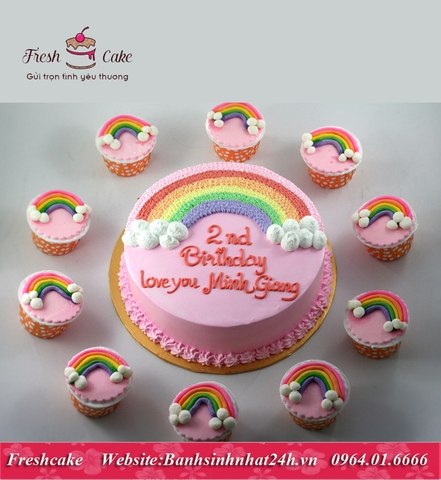 Bánh sinh nhật cầu vồng 7 sắc tông hồng và Cupcake cầu vồng [MS:1022]