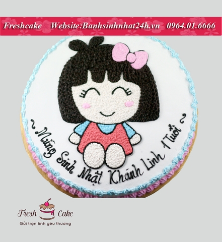 Bánh sinh nhật vẽ cô bé cực dễ thương nơ hồng má núm [MS:1063]