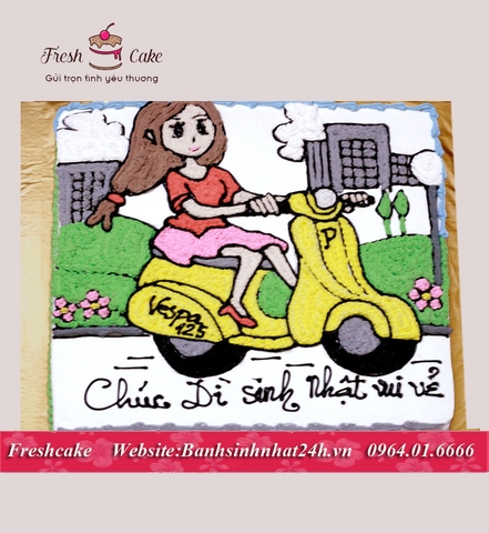 Bánh sinh nhật vẽ cô gái xinh đẹp di xe Vespa [MS:1071]