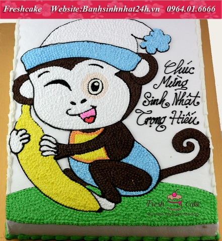 Bánh sinh nhật vẽ con khỉ con ôm quả chuối [MS:1098]