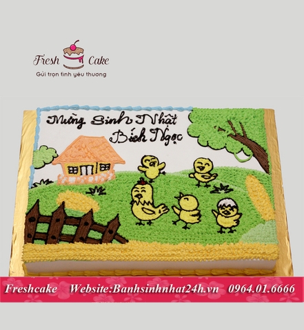 Bánh sinh nhật vẽ đàn gà con đi theo mẹ trong sân [MS:1151]