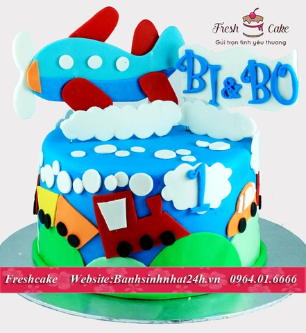 Bánh sinh nhật fondant đoàn tàu, ô tô và máy bay bí bo bí bo [MS:0472]