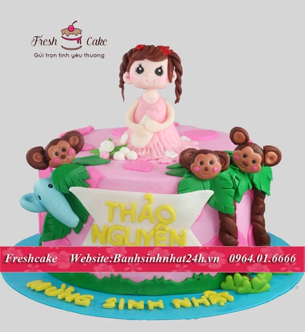 Bánh sinh nhật fondant bé gái tuổi khỉ đáng yêu [MS:0918]