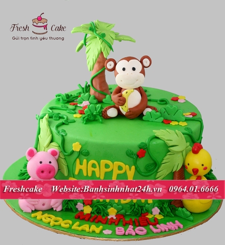 Bánh fondant khỉ con đáng yêu chơi cùng lợn con và gà con [MS:0222]