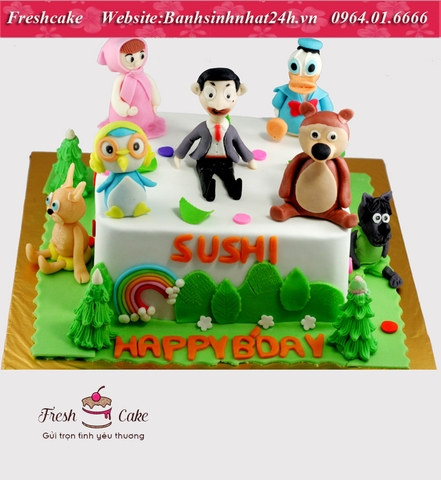 Bánh sinh nhật fondant nặn các nhân vật hoạt hình bé yêu thích như Mr Bean, Pororo. [MS:0694]
