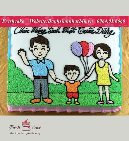 Bánh sinh nhật gia đình bố, mẹ và con trai cầm bóng bay dạo chơi [MS:1212]