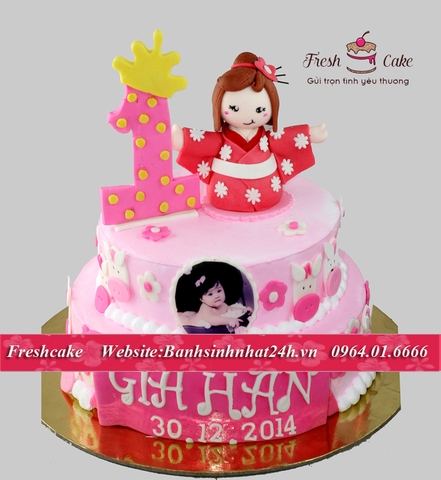 Bánh sinh nhật fondant hai tầng em bé Nhật Bản [MS:0766]