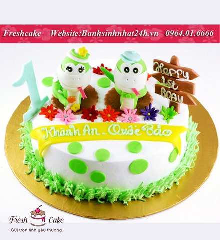 Bánh kem hoạ tiết 2 bé rắn sinh đôi fondant trang trí theo tông xanh lá [MS:0293]